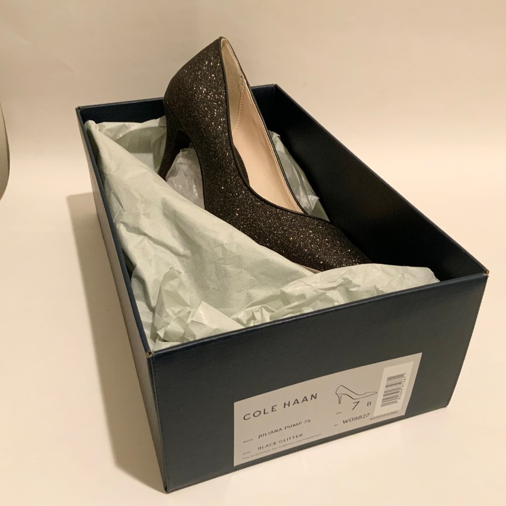 Cole Haan Juliana Pump 75 Black Glitter Leather Evening Dress Shoes Heels 7 M - Picture 7 of 12